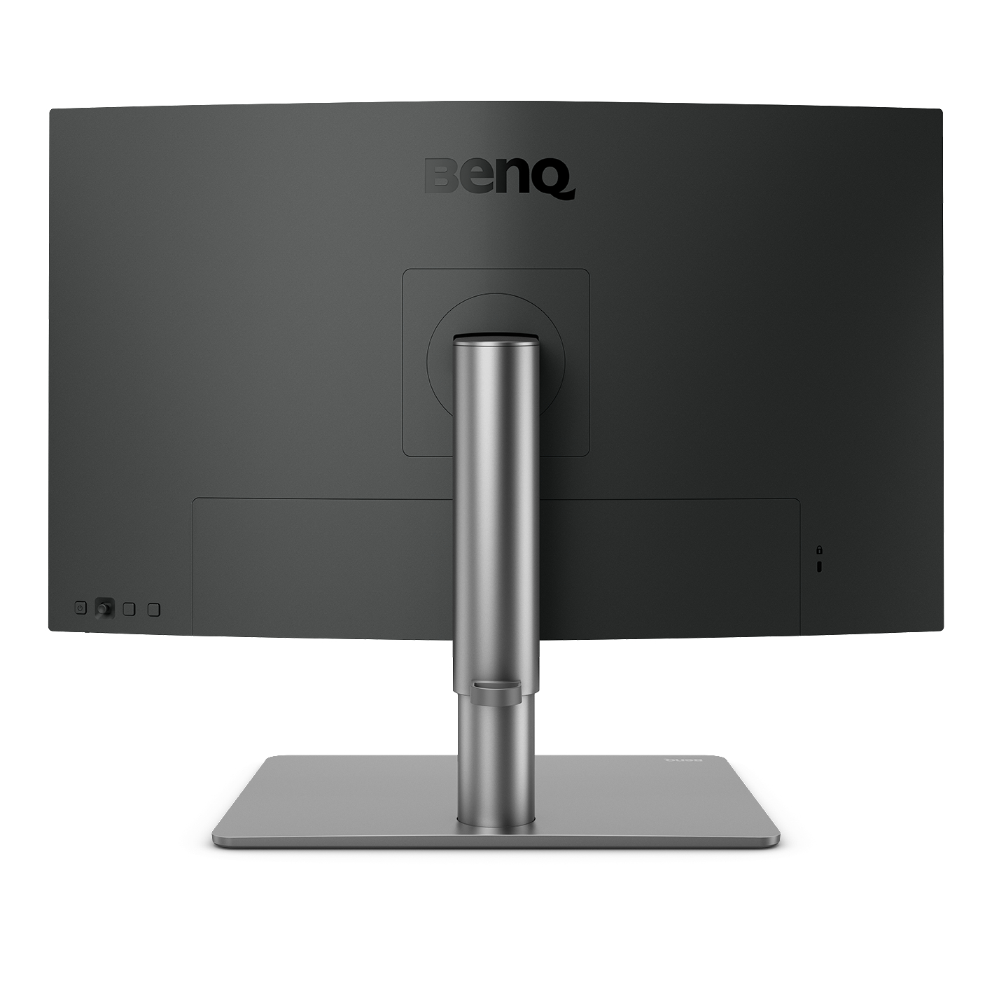 Rückseite eines mattschwarzen Monitors mit silbernem Standfuß und BenQ-Logo.