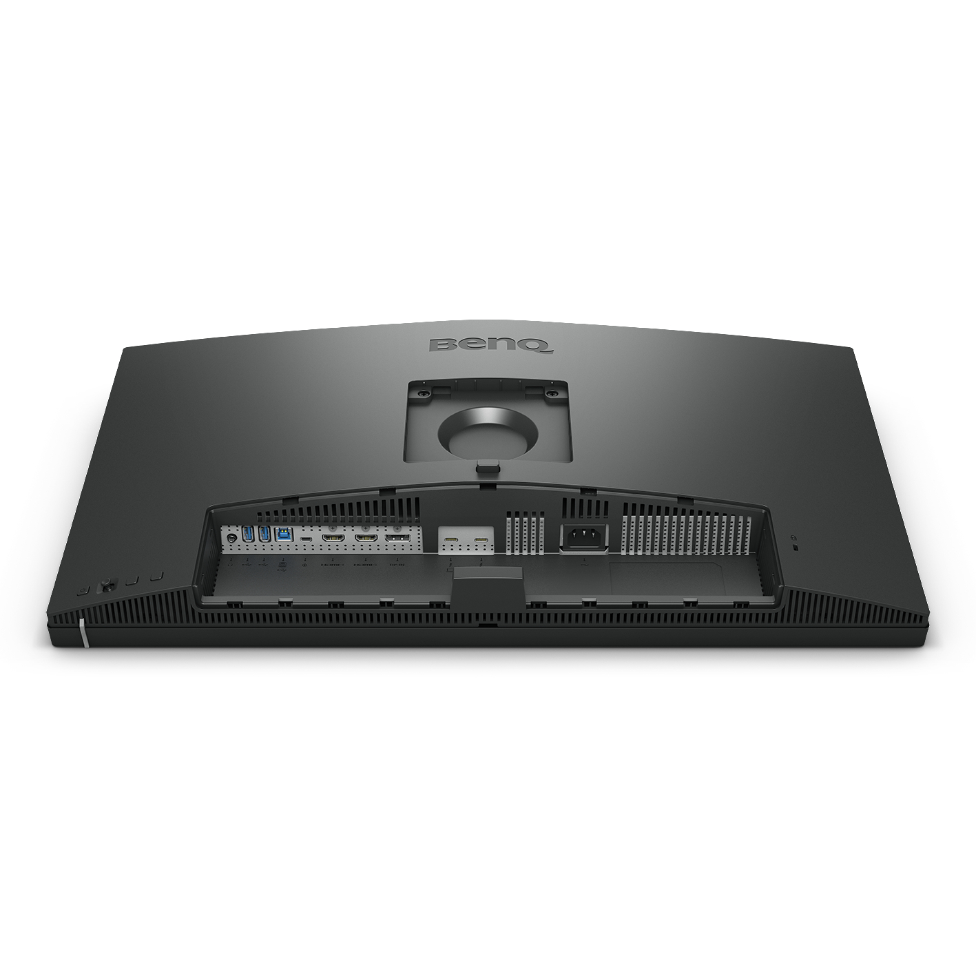 Rückseite eines schwarzen Monitors mit Anschlüssen wie HDMI und USB.