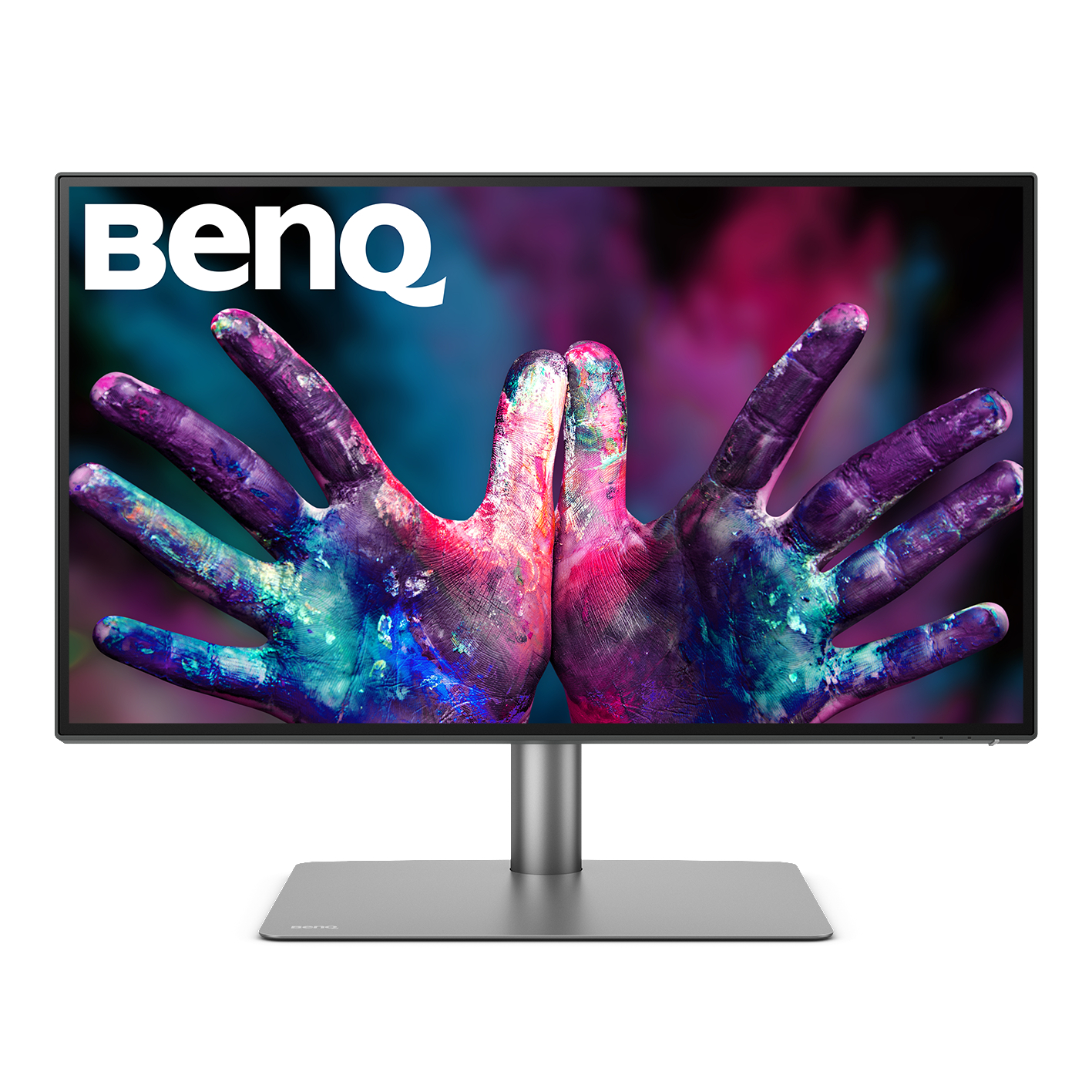 Ein BenQ-Monitor zeigt bunte Hände mit Farbe. Weiße BenQ-Logo oben links.