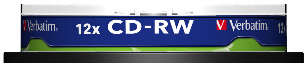 Egy csomag CD-RW lemez, sötétkék fehér szöveggel. A márka a Verbatim.