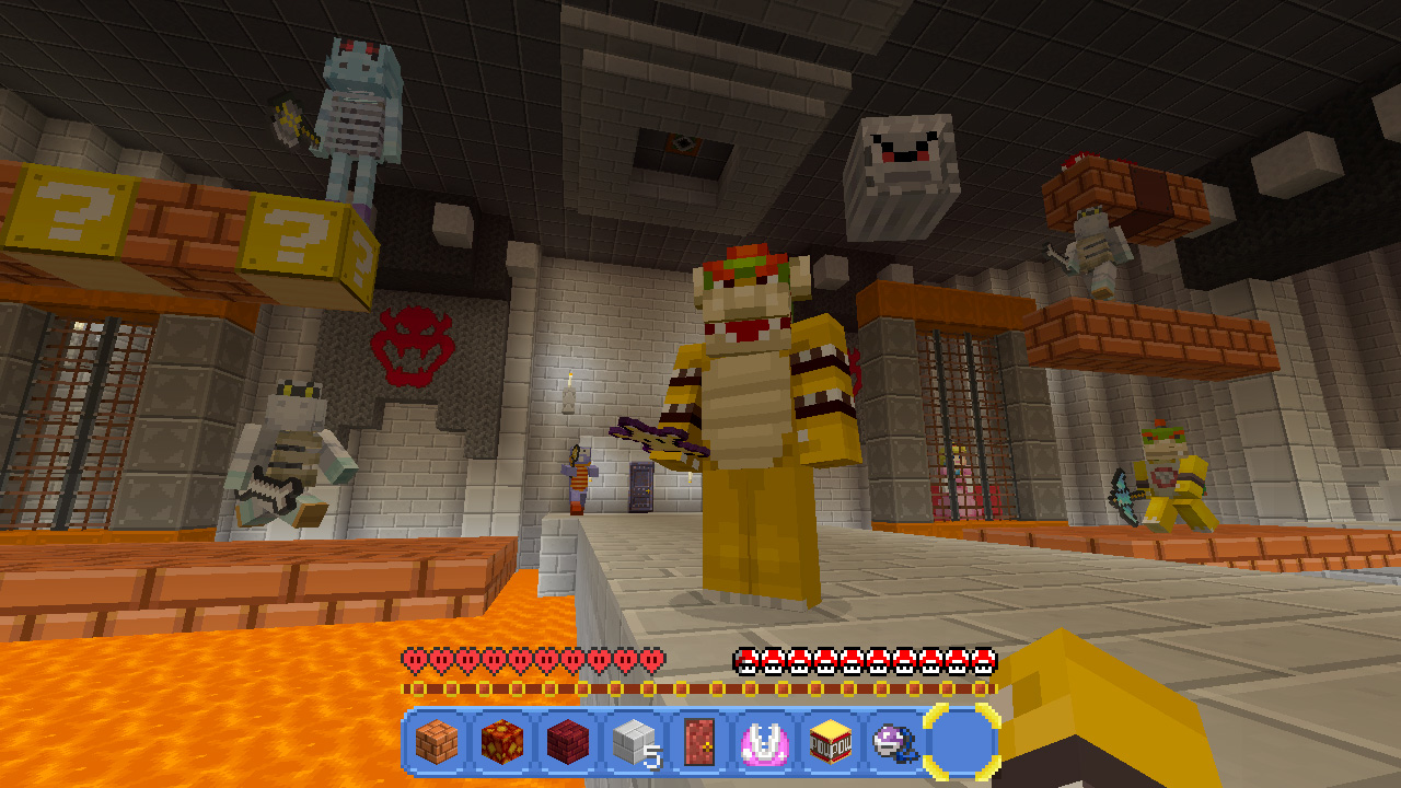 Minecraft-Szene mit pixeligen Charakteren und einer Lavagrube.