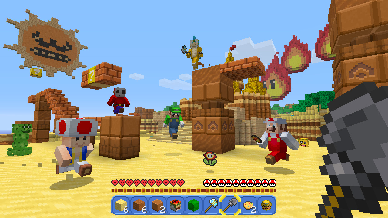Eine Minecraft-Szene mit Mario-Charakteren. Mario, Luigi und andere rennen.
