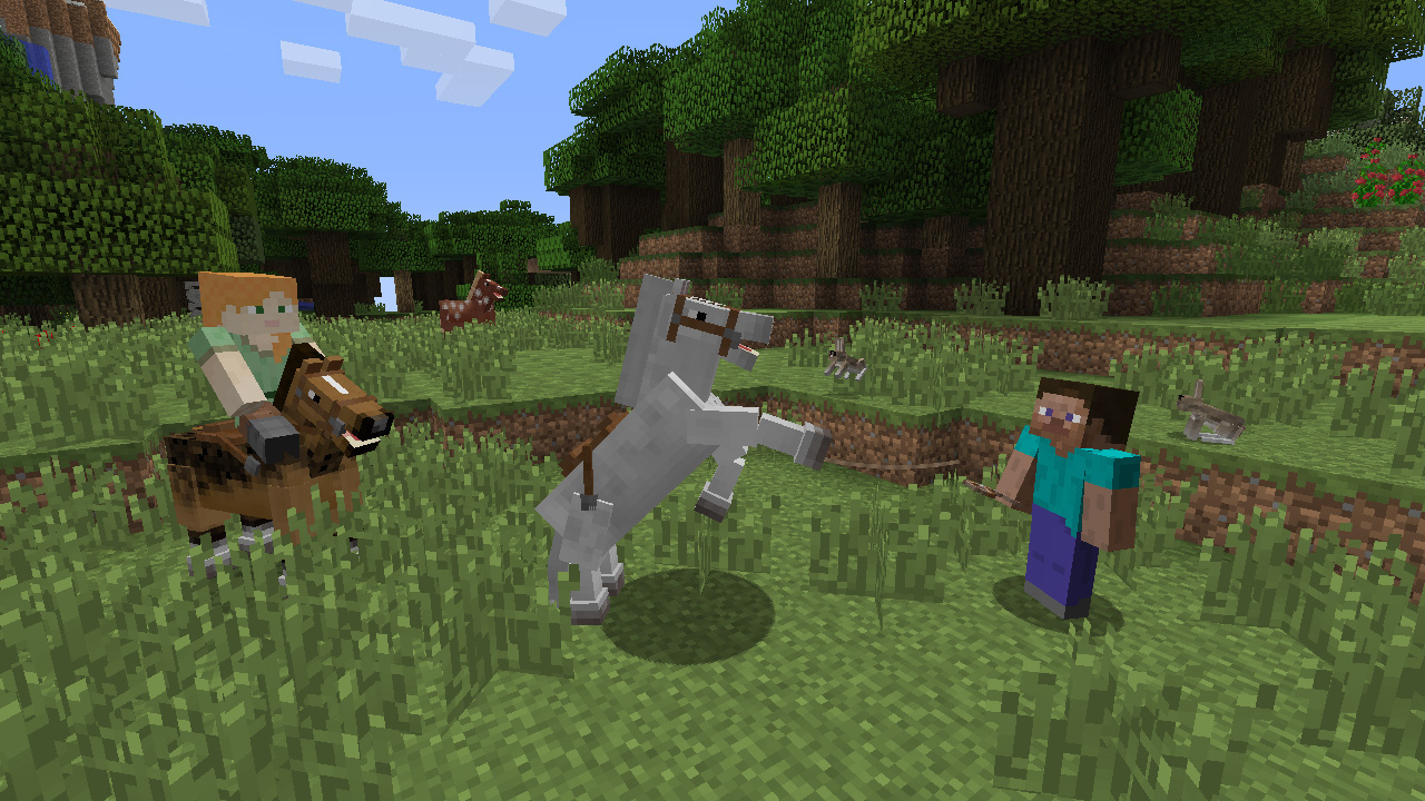 Minecraft-Szene: Alex reitet auf einem Pferd, ein Junge mit einem Pferd, und ein weißes Pferd, das sich aufbäumt.