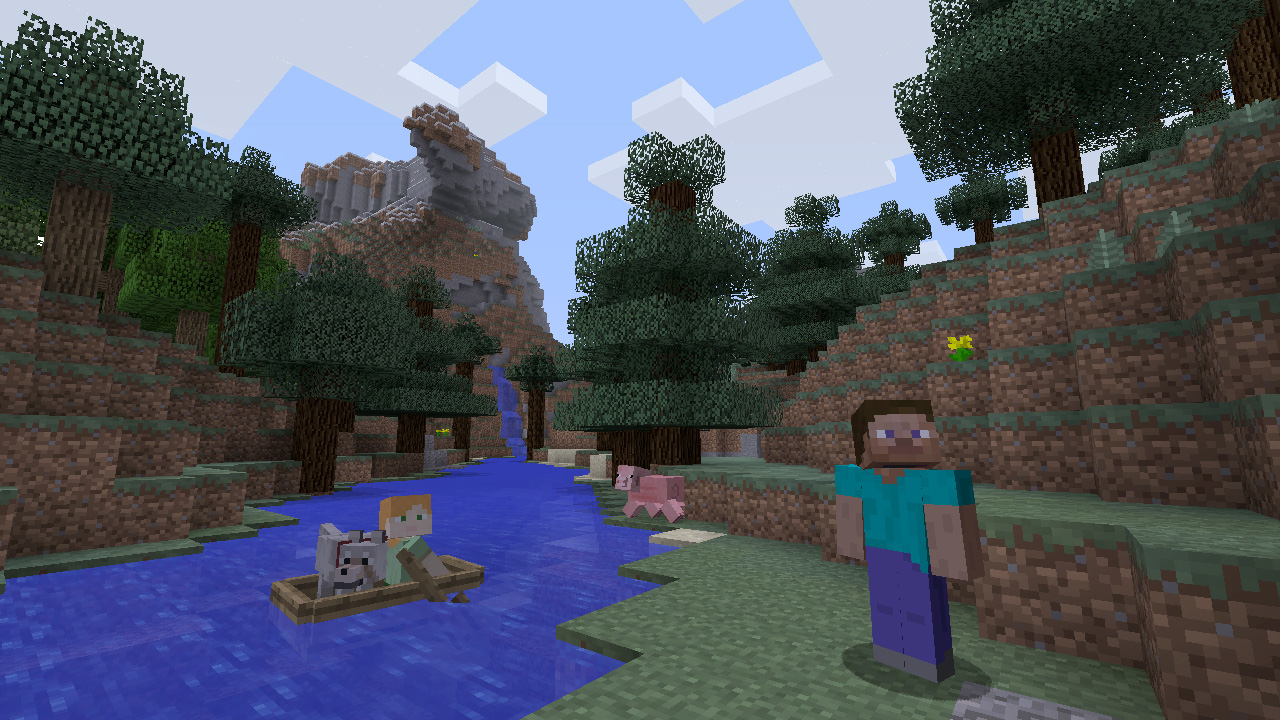 Eine Minecraft-Szene mit Fluss, Bäumen, Bergen und Charakteren in einem Boot und am Ufer.