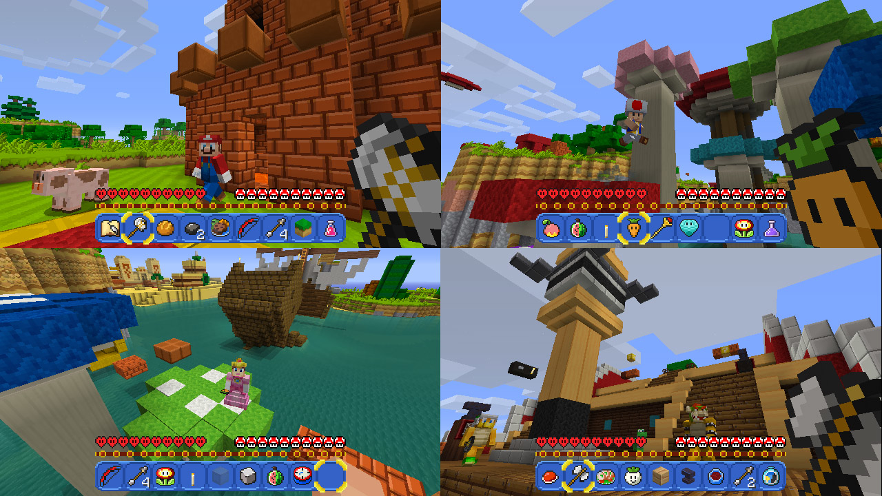 Minecraft-Spielbildschirm mit mehreren Ansichten. Mario und andere Charaktere in verschiedenen Block-Szenen.