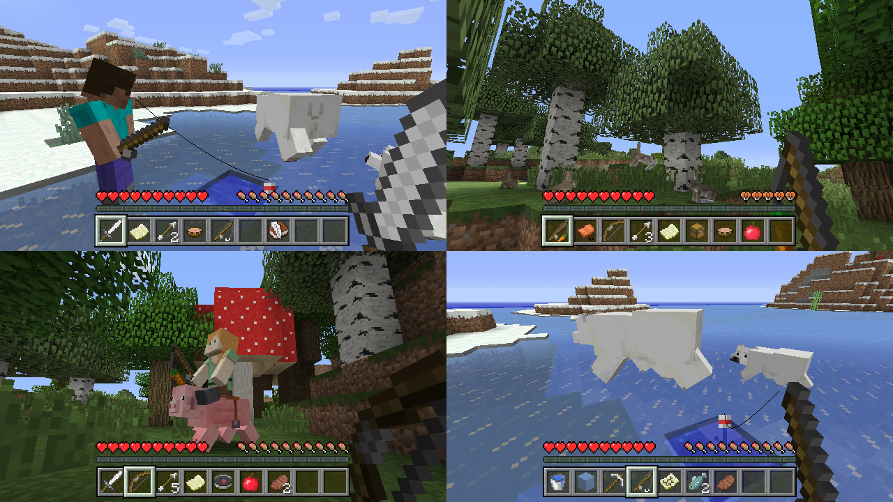 Vier Minecraft-Szenen mit Charakteren beim Angeln, auf einem Schwein reiten und mit Eisbären interagieren.