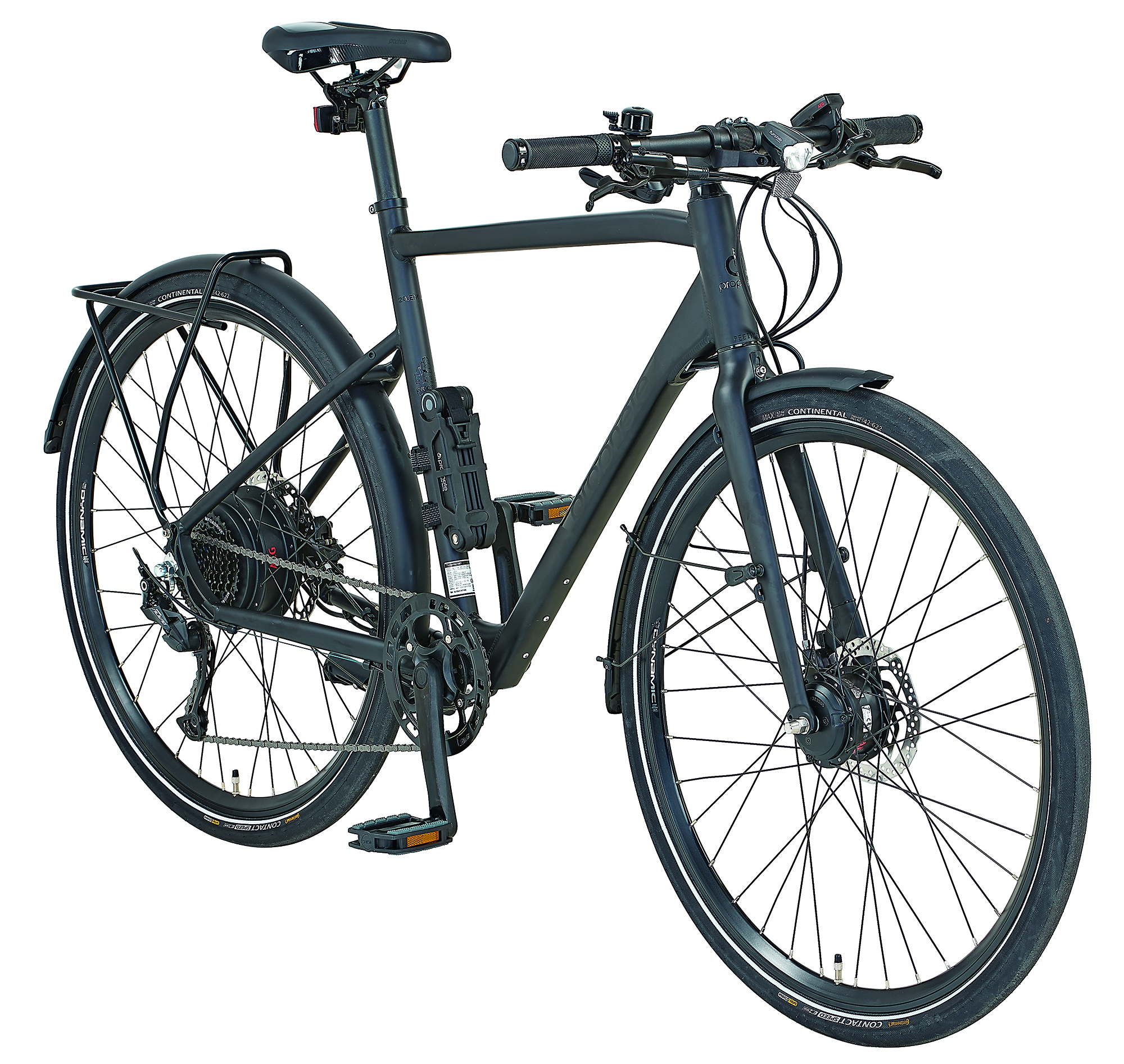 Ein schwarzes Fahrrad mit schwarzen Reifen, einem schwarzen Rahmen und weißem Hintergrund.