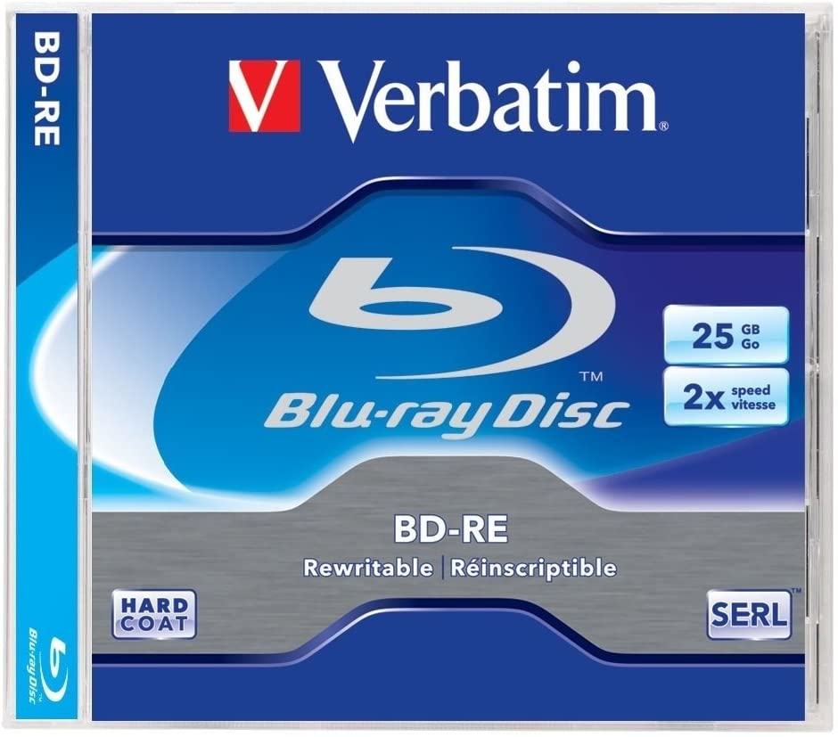 Blu-ray lemez tok szöveggel és a Verbatim logóval, kék és ezüst.