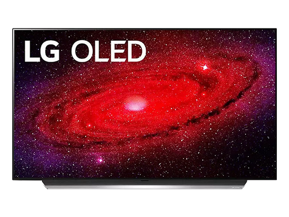 Un televisor LG OLED negro que muestra una imagen de galaxia roja y púrpura sobre un fondo negro.