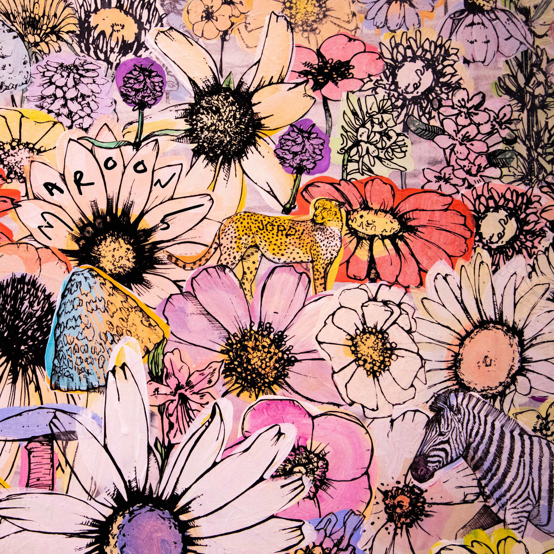 Buntes Blumenbild mit einem Geparden und einem Zebra. Gemischt mit verschiedenen Blumen.