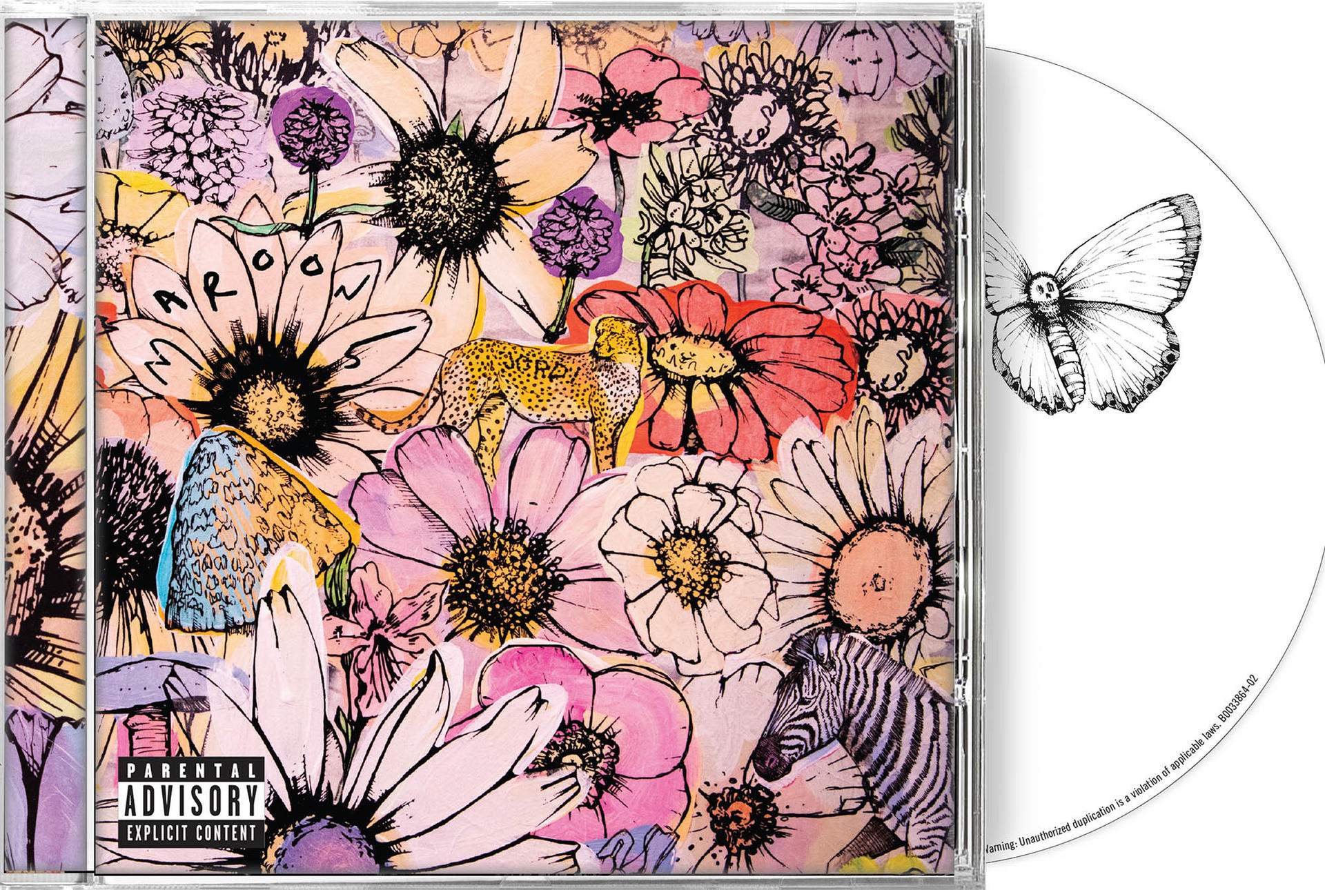 CD-Cover mit Blumendesign und Schmetterling. CD rechts. Parental Advisory Logo.