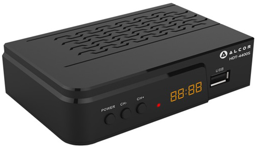 Fekete digitális vevő 88:88 kijelzővel, gombokkal és USB porttal.