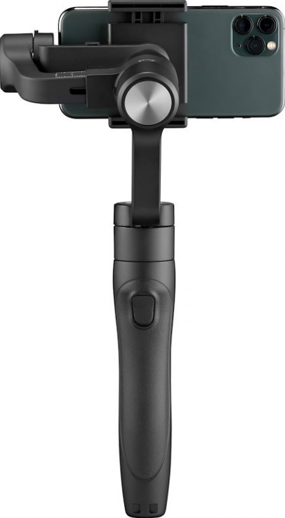 Schwarzes Smartphone-Gimbal mit befestigtem Telefon, vertikal gehalten, vor weißem Hintergrund.