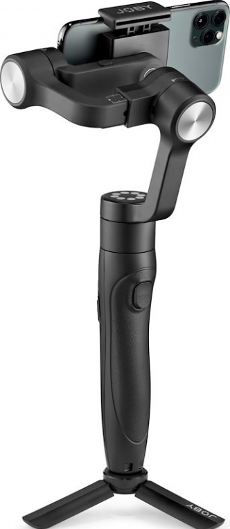 Schwarzer Handstabilisator mit befestigtem Telefon auf einem kleinen Stativ, weißer Hintergrund.