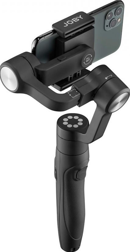 Ein schwarzer Smartphone-Stabilisator mit befestigtem Telefon, Knöpfen und Griff.
