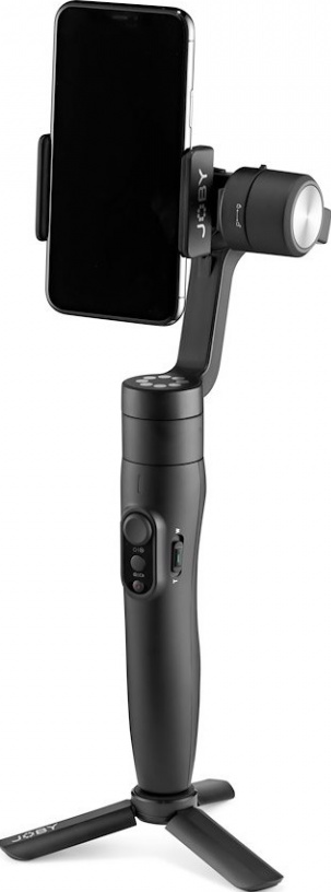 Schwarzes Hand-Gimbal mit aufgesetztem Telefon und am Boden befestigtem Stativ.