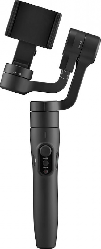 Ein schwarzer Hand-Gimbal mit Telefonhalter, Knöpfen und Bedienelementen.