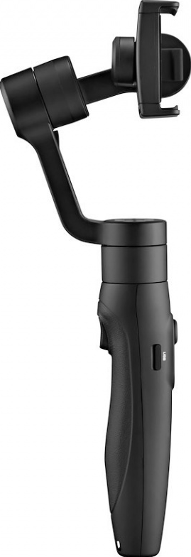 Schwarzer Hand-Gimbal-Stabilisator für Smartphones. Er wird vertikal gezeigt.