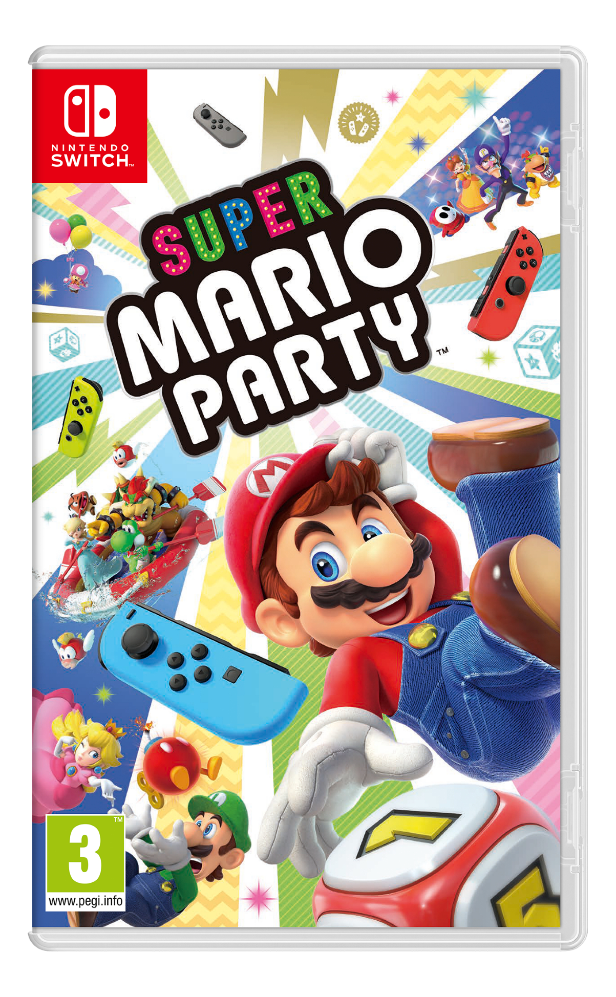 Couverture du jeu Super Mario Party. Mario saute avec un joy-con et les manettes sont visibles.