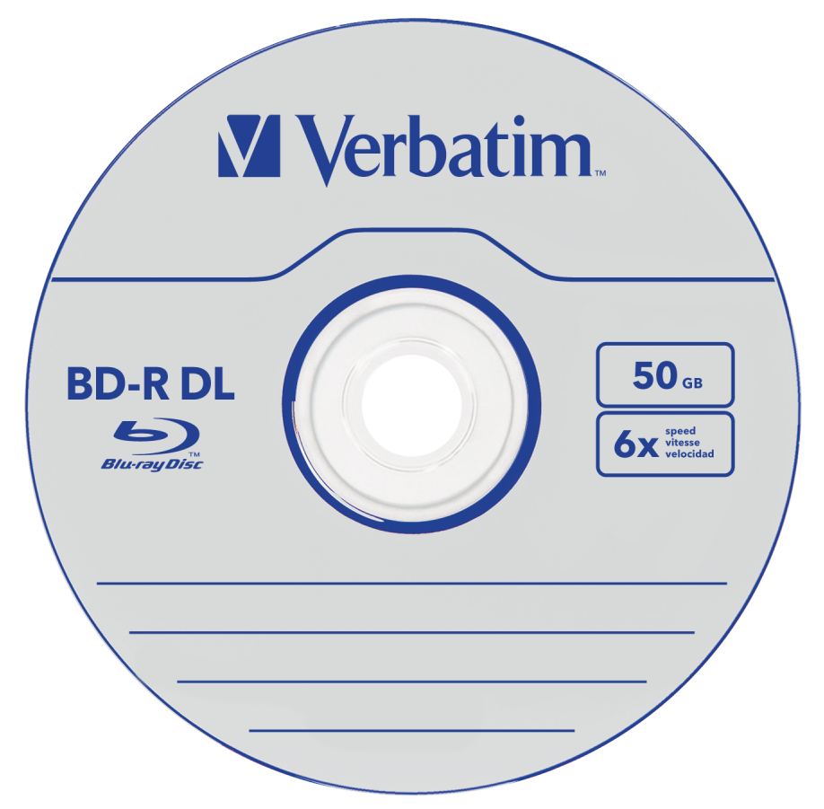 Egy Verbatim BD-R DL Blu-ray lemez, ezüstszínű szöveggel és fekete középső lyukkal.