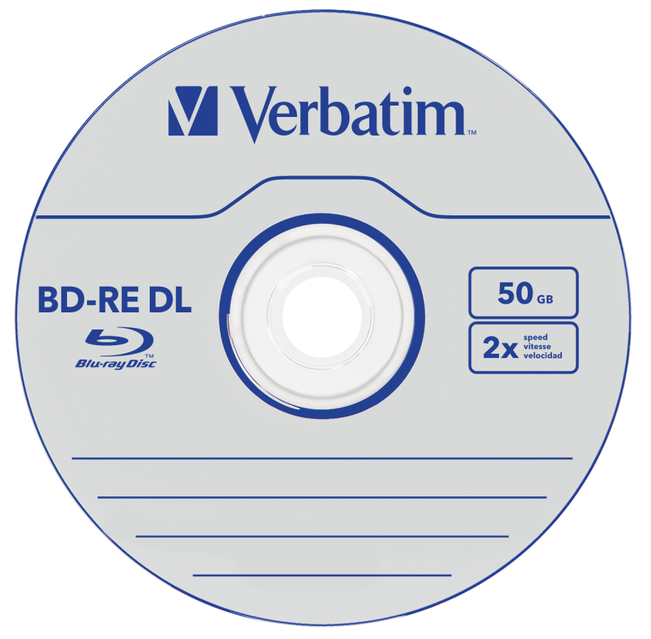 Blu-ray lemez szöveggel. Kék és fehér színvilág. 'Verbatim' felirat látható rajta.