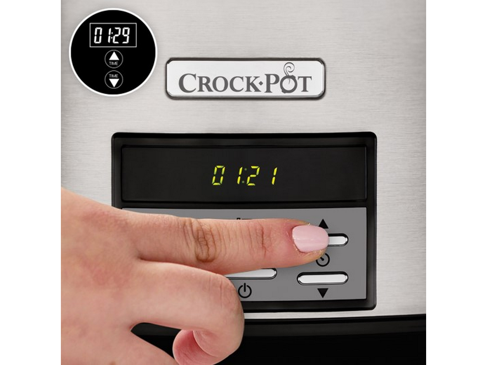 Panel de control de la olla de cocción lenta Crock-Pot, mostrando la pantalla de tiempo y botones.