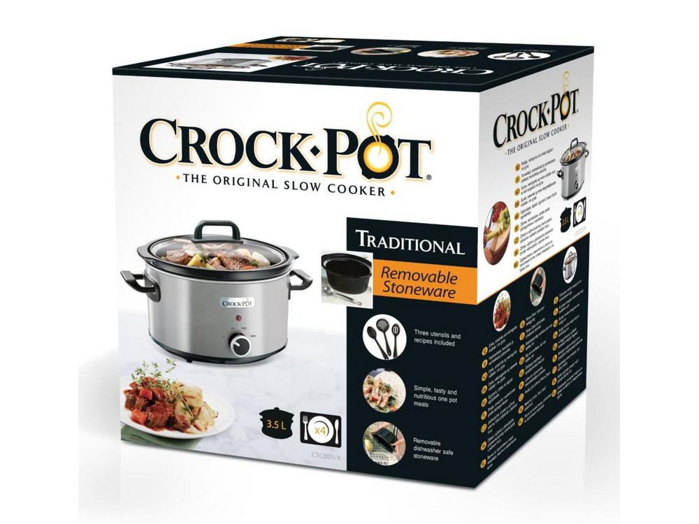 Caja de Crock-Pot. Muestra una olla de cocción lenta e información en el embalaje.