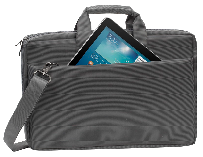 Szürke laptoptáska tablettel benne és vállpánttal.
