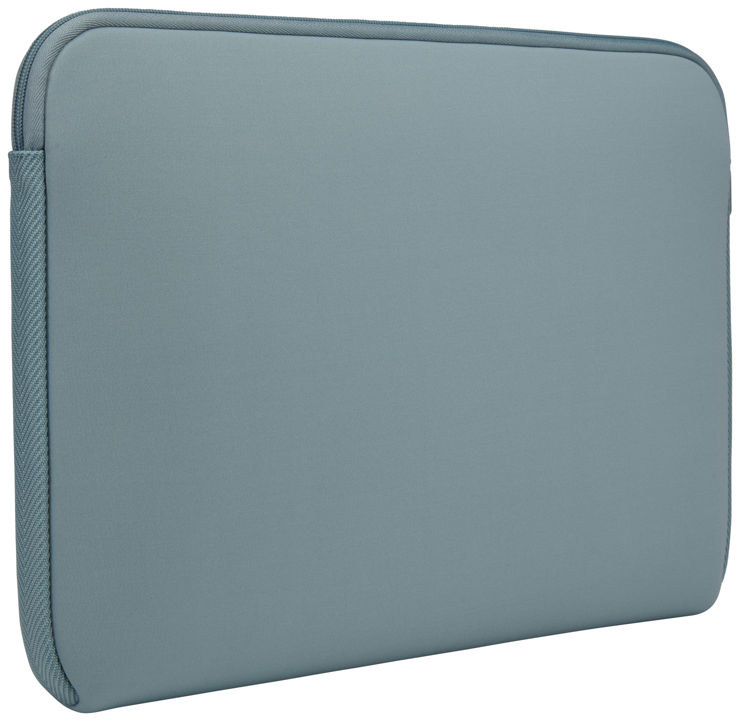 Light blue laptop sleeve with a zipper and a seam.