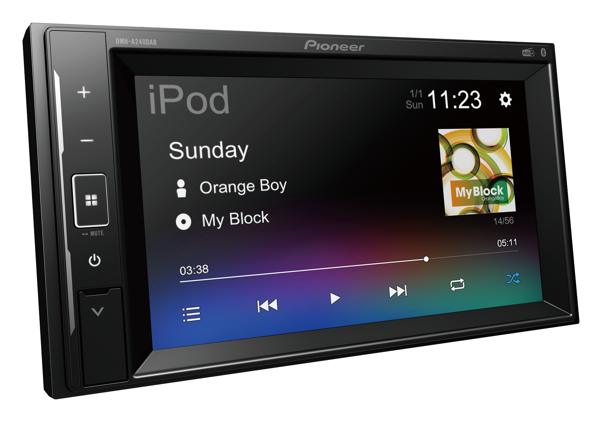 Autoradio mit Touchscreen, der Musikinformationen und Bedienelemente anzeigt.