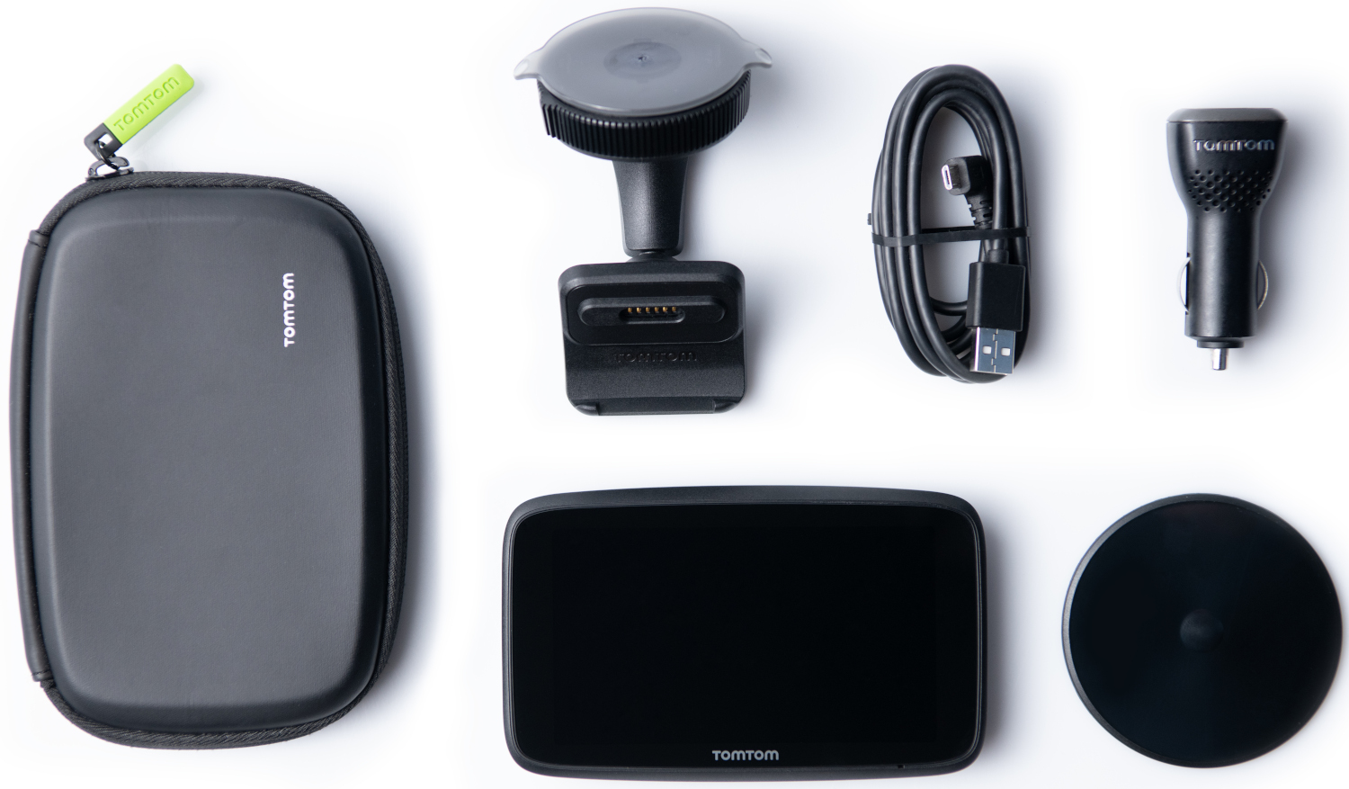 TomTom GPS device accessories: case, mount, cable, charger, and the device.