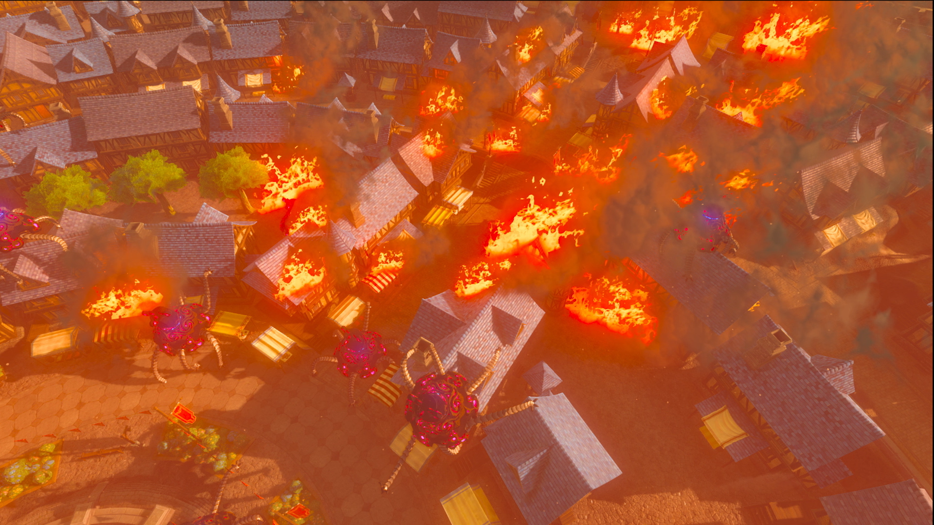 Una città in fiamme dall'alto, con fiamme che avvolgono edifici e figure.
