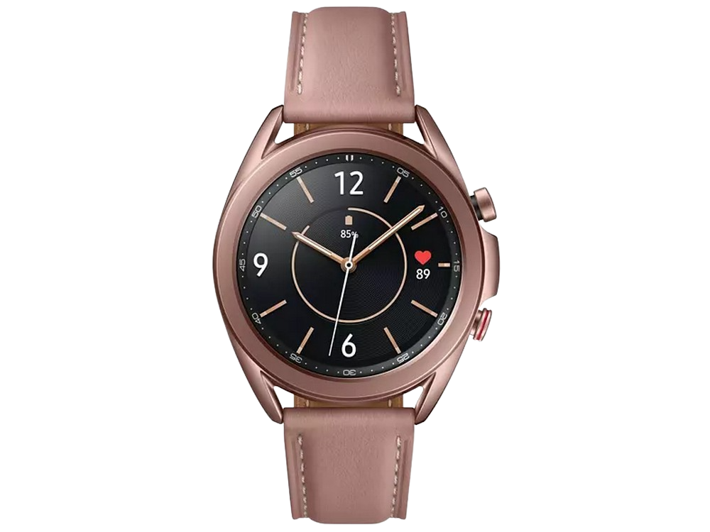 Reloj inteligente oro rosa con pantalla negra, correa de cuero e indicador de frecuencia cardíaca.