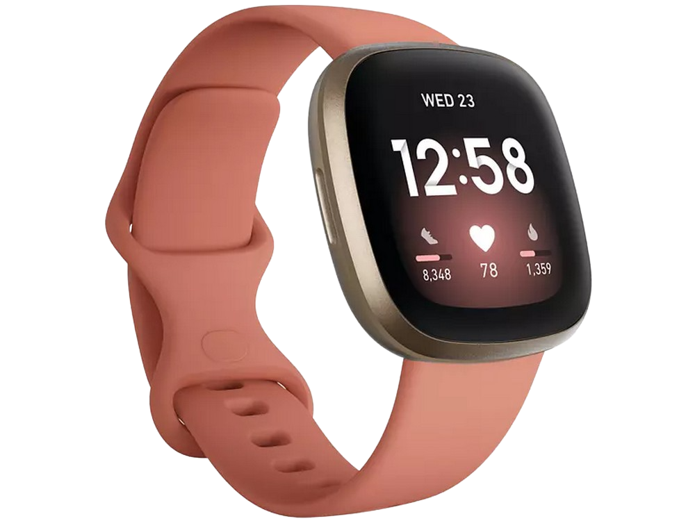 Un reloj inteligente rosa con un marco dorado, que muestra la hora y las estadísticas, sobre un fondo neutro.