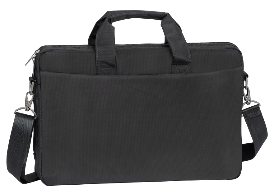 Fekete laptop táska vállpánttal és fogantyúkkal, elölnézetben.