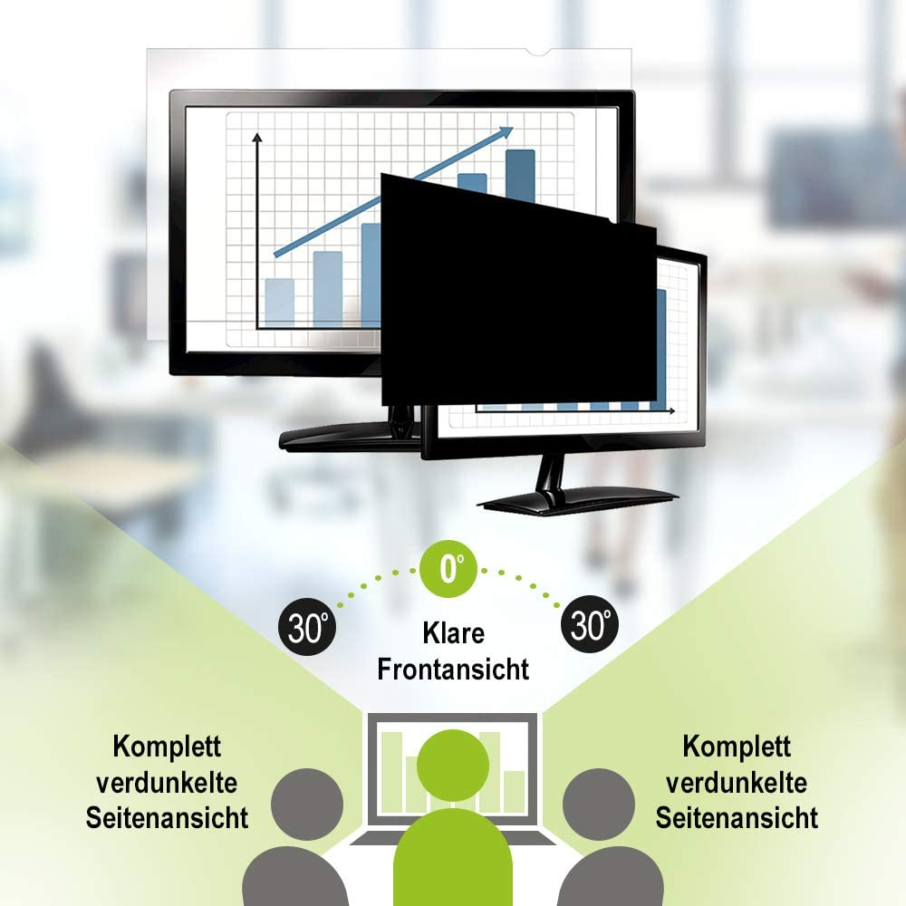 Számítógép képernyő adatvédelmi szűrővel. Grafikon és két oldalról néző ember látható.