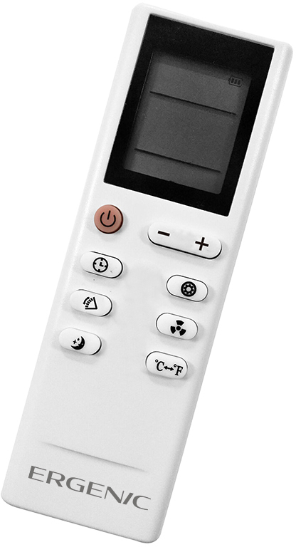 White remote control with various buttons. Has a power button and a small screen.
