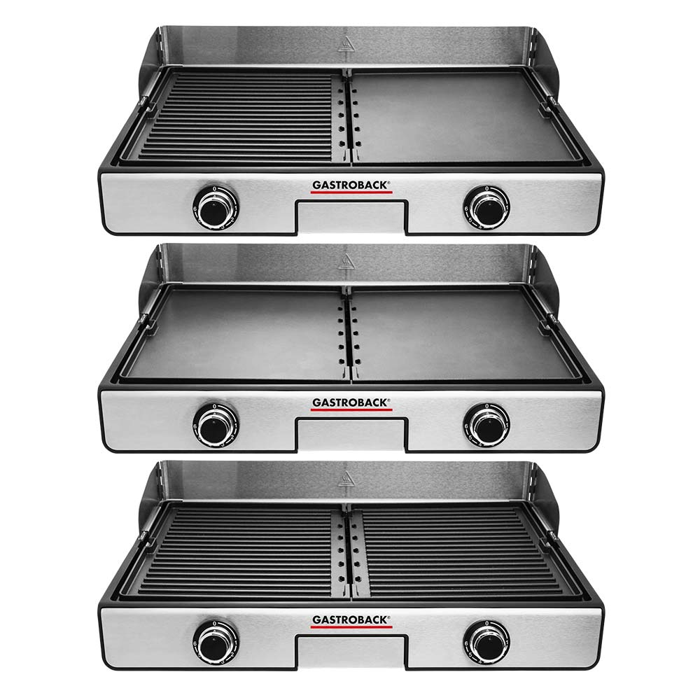 Drei silberne Grills mit Gastroback-Logo. Jeder hat zwei Bedienknöpfe.