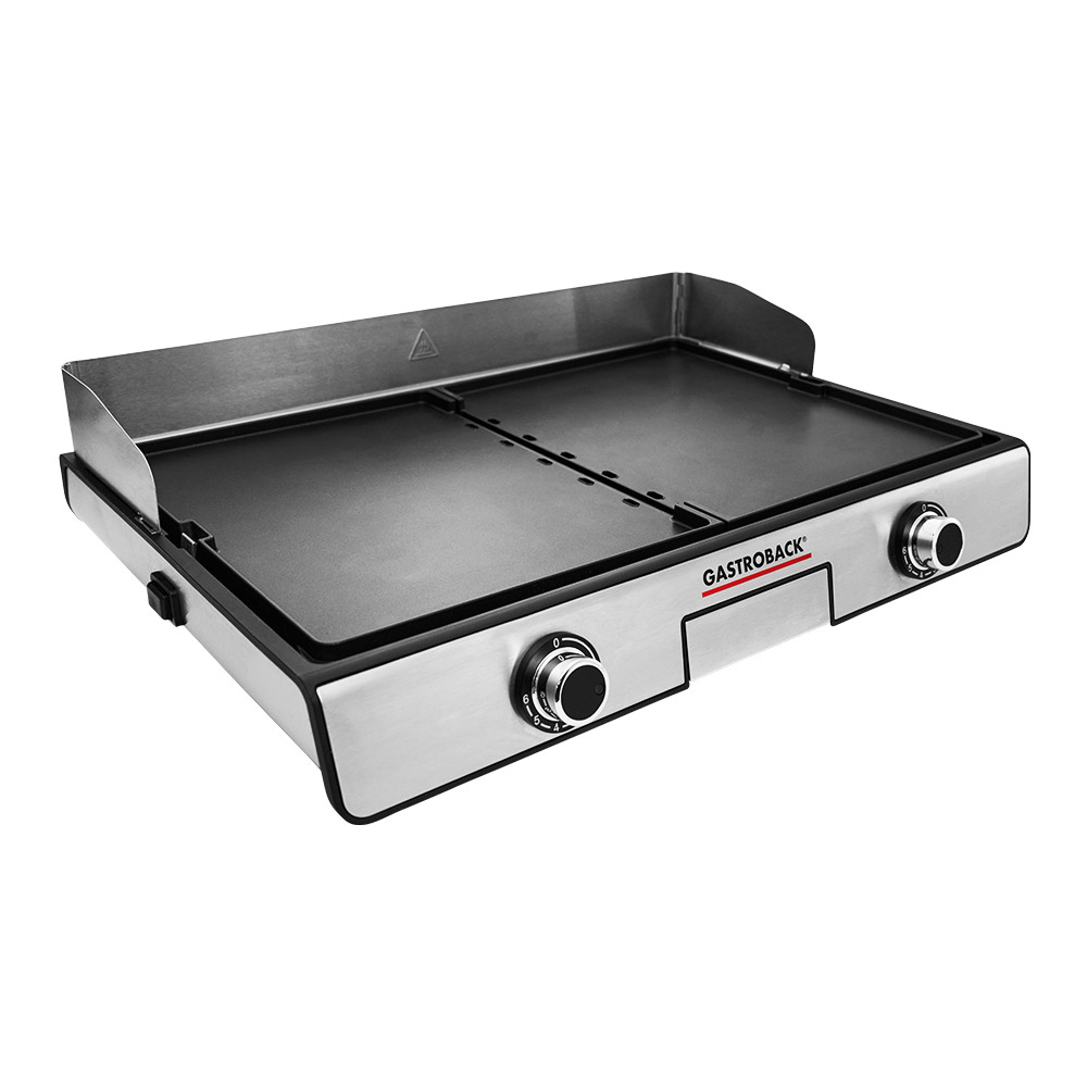 Ein Gastrobak-Grill mit zwei Kochflächen und zwei Knöpfen.