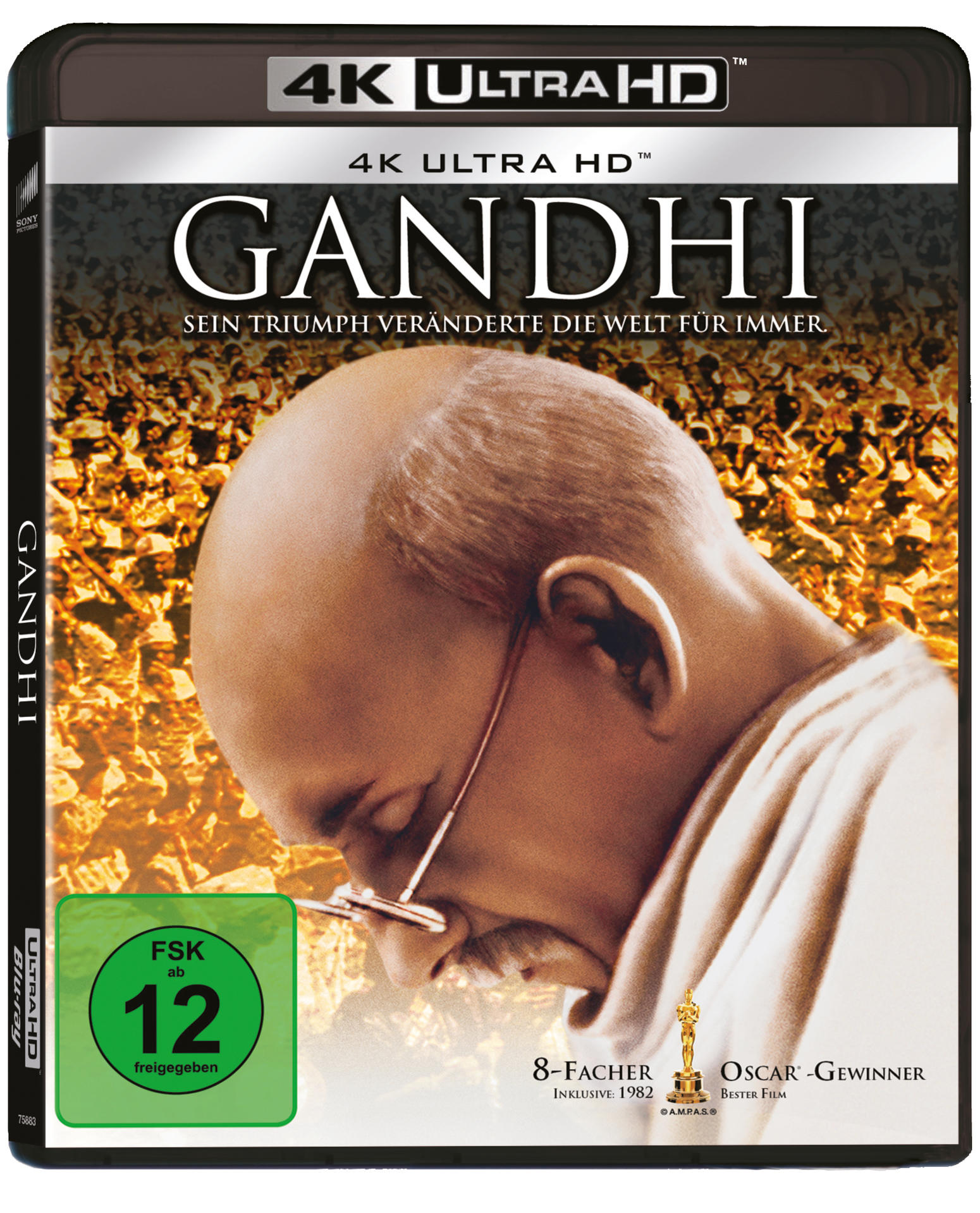 Filmcover für 'GANDHI' mit Porträt des Mannes und Text auf Englisch und Deutsch.