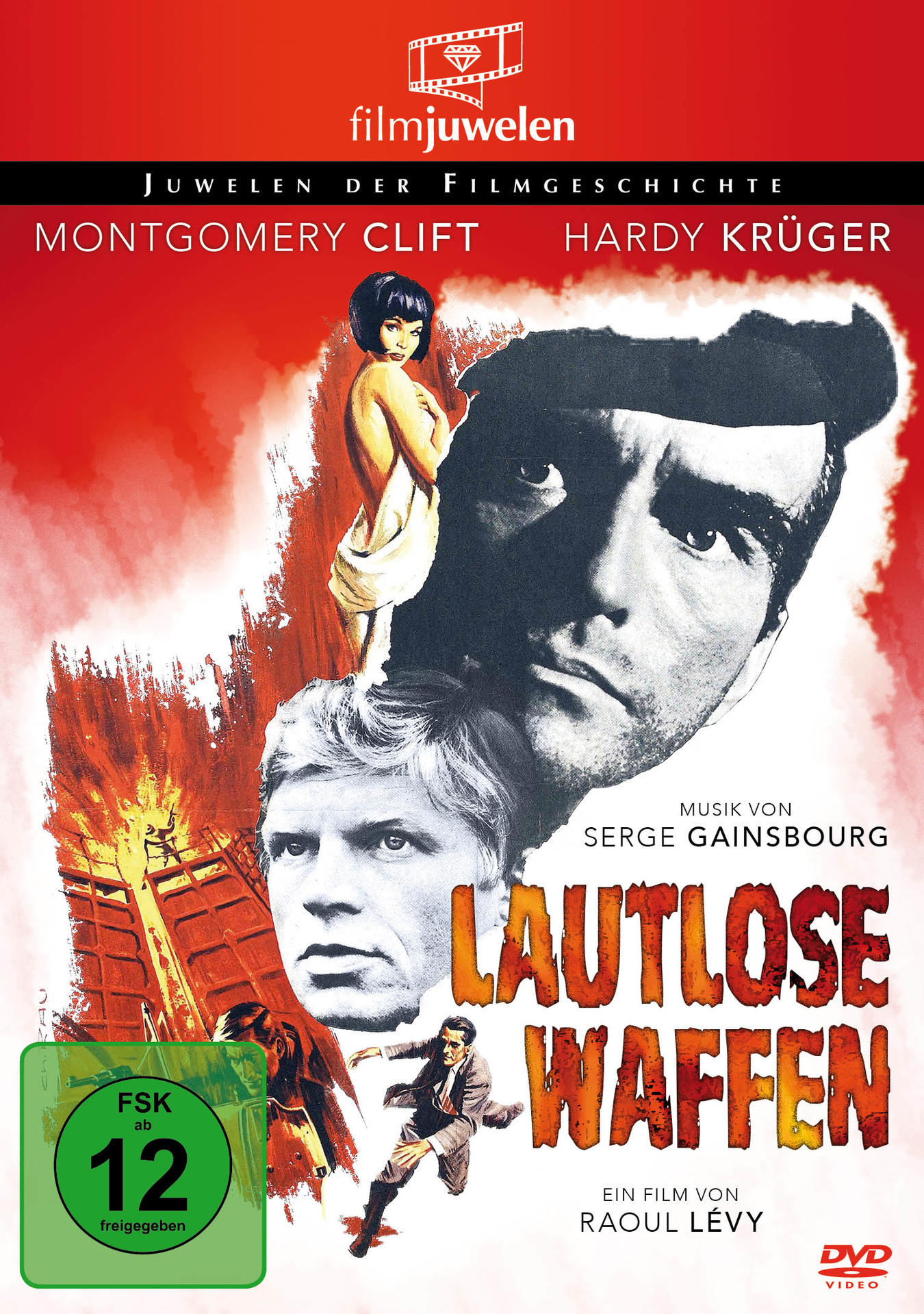 DVD-Cover: Lautlose Waffen, deutscher Filmtitel. Bilder von Schauspielern, einer Frau und einem Mann mit Waffe.