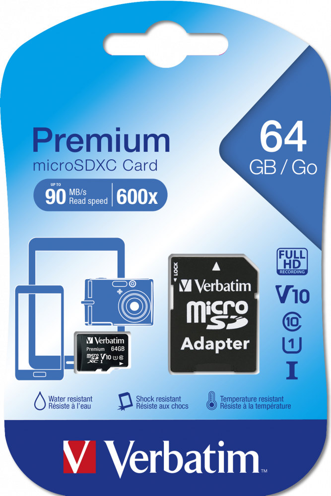 MicroSD kártya csomagolása. Kártya és adapter látható. Szöveg a sebességről és a tárolásról.