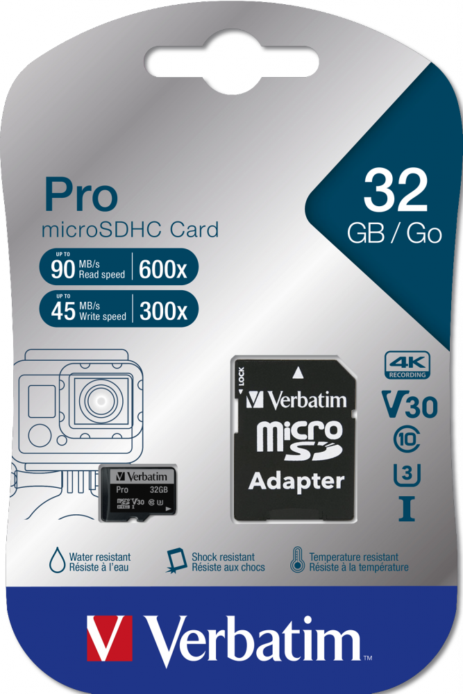 Verbatim Pro microSDHC kártya csomagolása. Kártya, adapter és jellemzők: víz-, ütés-, hőmérsékletálló.