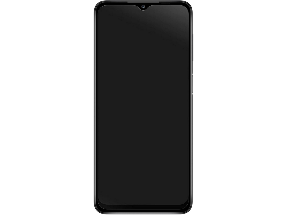 Un smartphone con pantalla negra en blanco, mostrando su frontal. Tiene cámara y borde curvado.