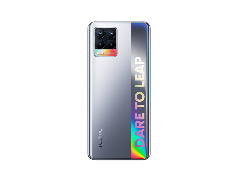 Un teléfono plateado con una parte trasera colorida y el texto 'DARE TO LEAP'.