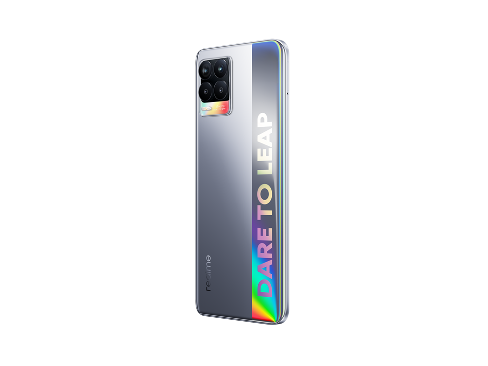 Vista trasera de smartphone plateado con cámaras y franja reflectante "DARE TO LEAP".