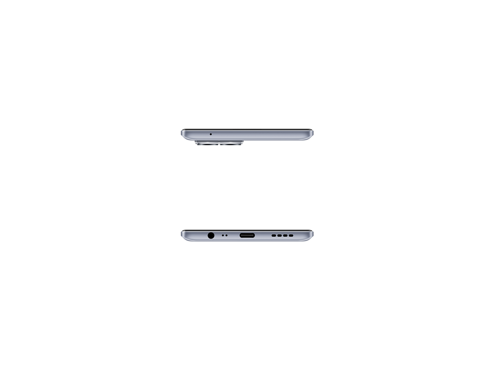 Un teléfono inteligente, fotografiado de lado y desde abajo sobre un fondo negro.