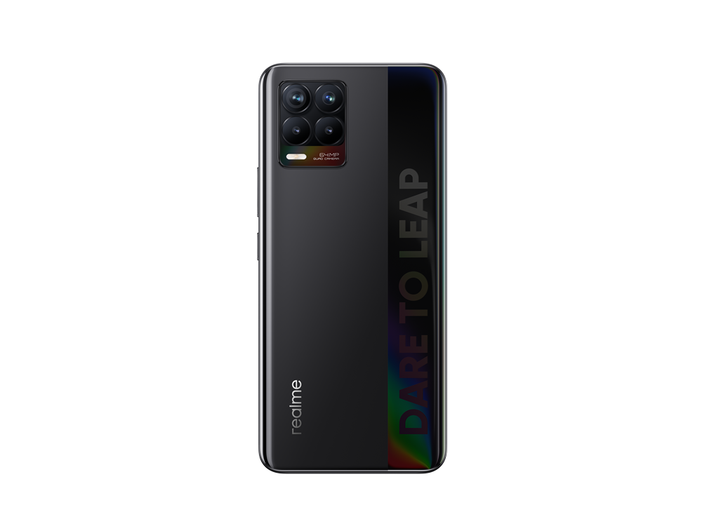 Parte trasera de teléfono negro, con múltiples cámaras, un texto Dare to Leap y un logotipo de realme.