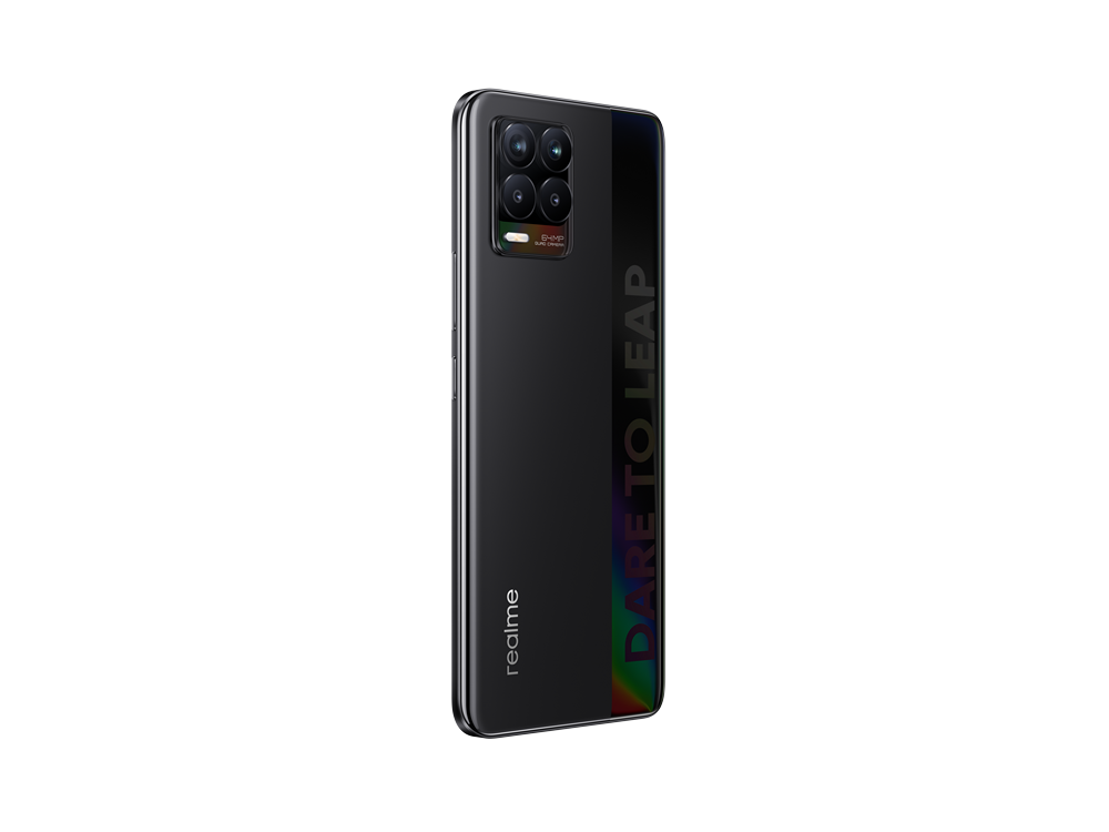Smartphone negro con una franja colorida en la parte trasera y el texto 'DARE TO LEAP'.