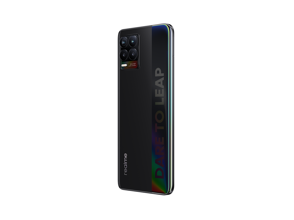 Teléfono Realme negro, vertical, cuatro cámaras traseras y "DARE TO LEAP".